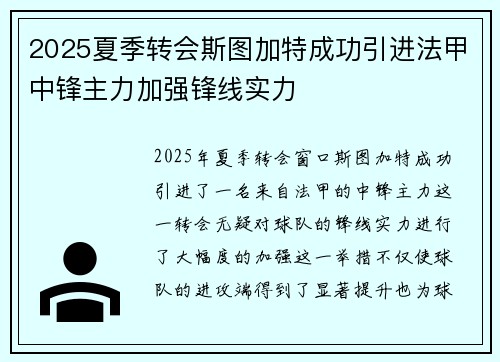 2025夏季转会斯图加特成功引进法甲中锋主力加强锋线实力
